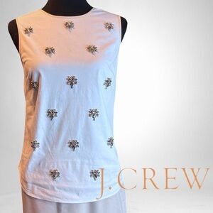 J Crew White w/ Beige Piping Jeweled Front Sleeveless Blouse Sz 0